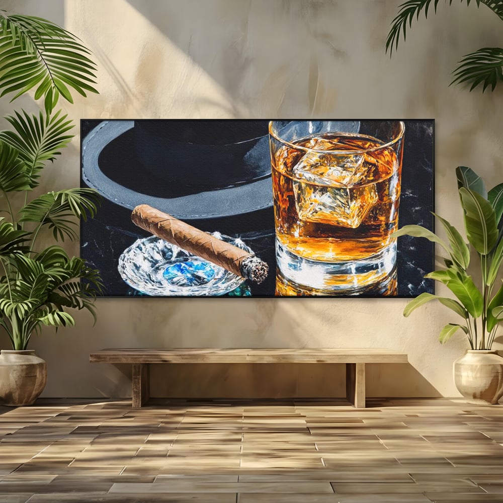 Tablou canvas cu pictura cu pahar de whisky, trabuc si palarie, in rama de aluminiu negru